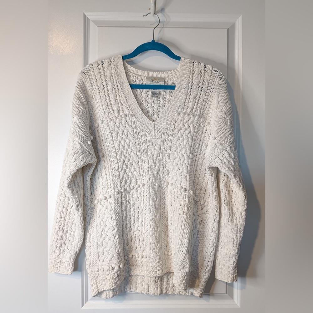 Vintage Express Handknitted V Neck Knit Pom Pom Sweater Ivory Size XS